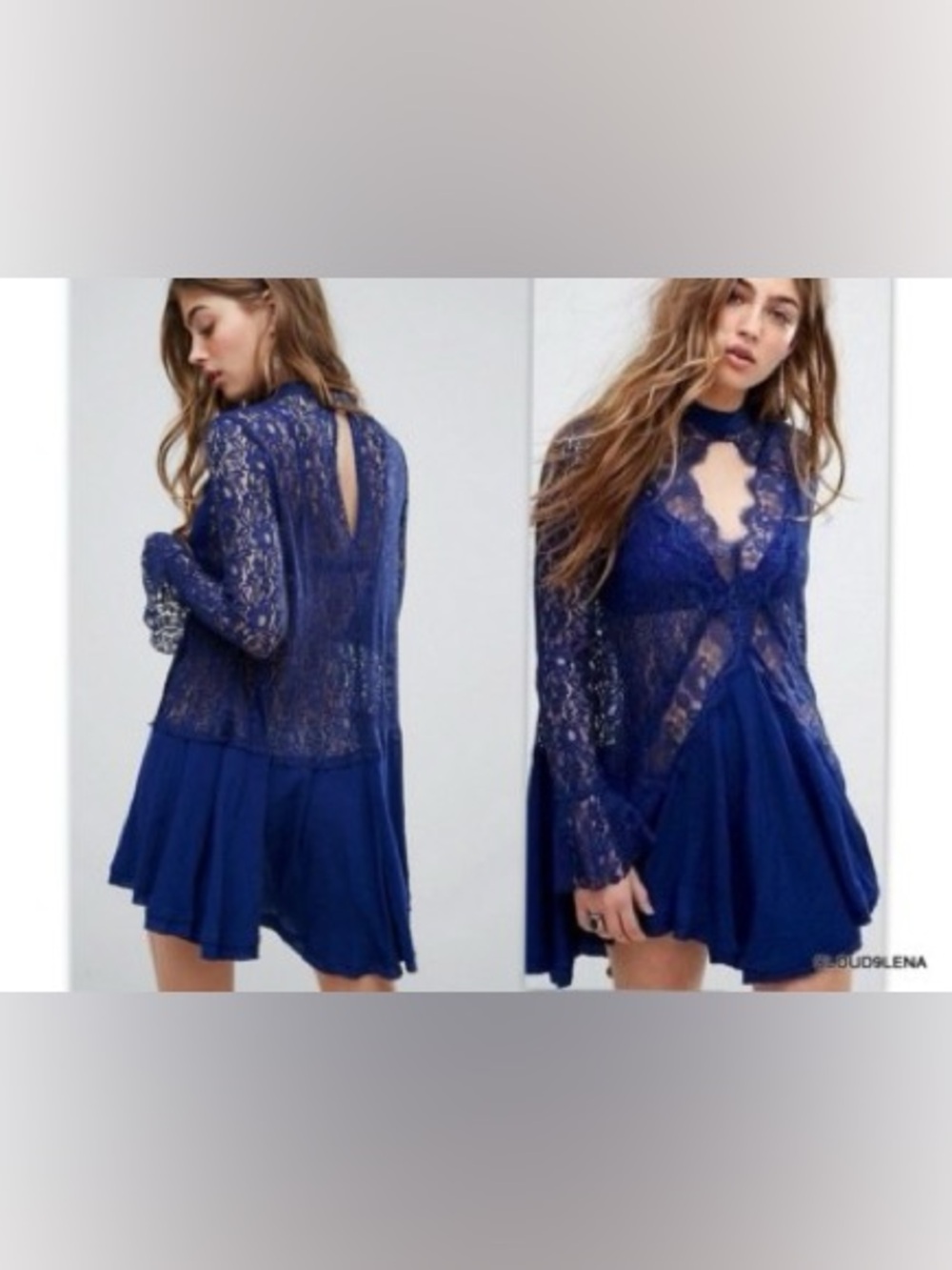 Free people S Tell Tale Navy blue Lace Long-Sleeve lace mini Dress